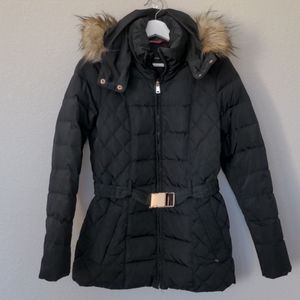 Jones New York Faux Fur Down Puffer with Gold Belt